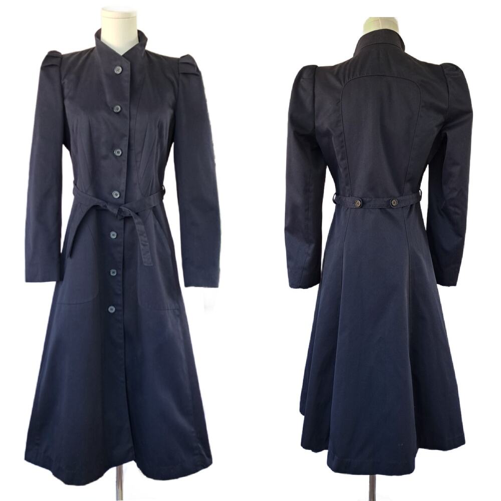 VINTAGE Princess Fit & Flare Midi Long Trench Coat Navy Puff Sleeve *fits small